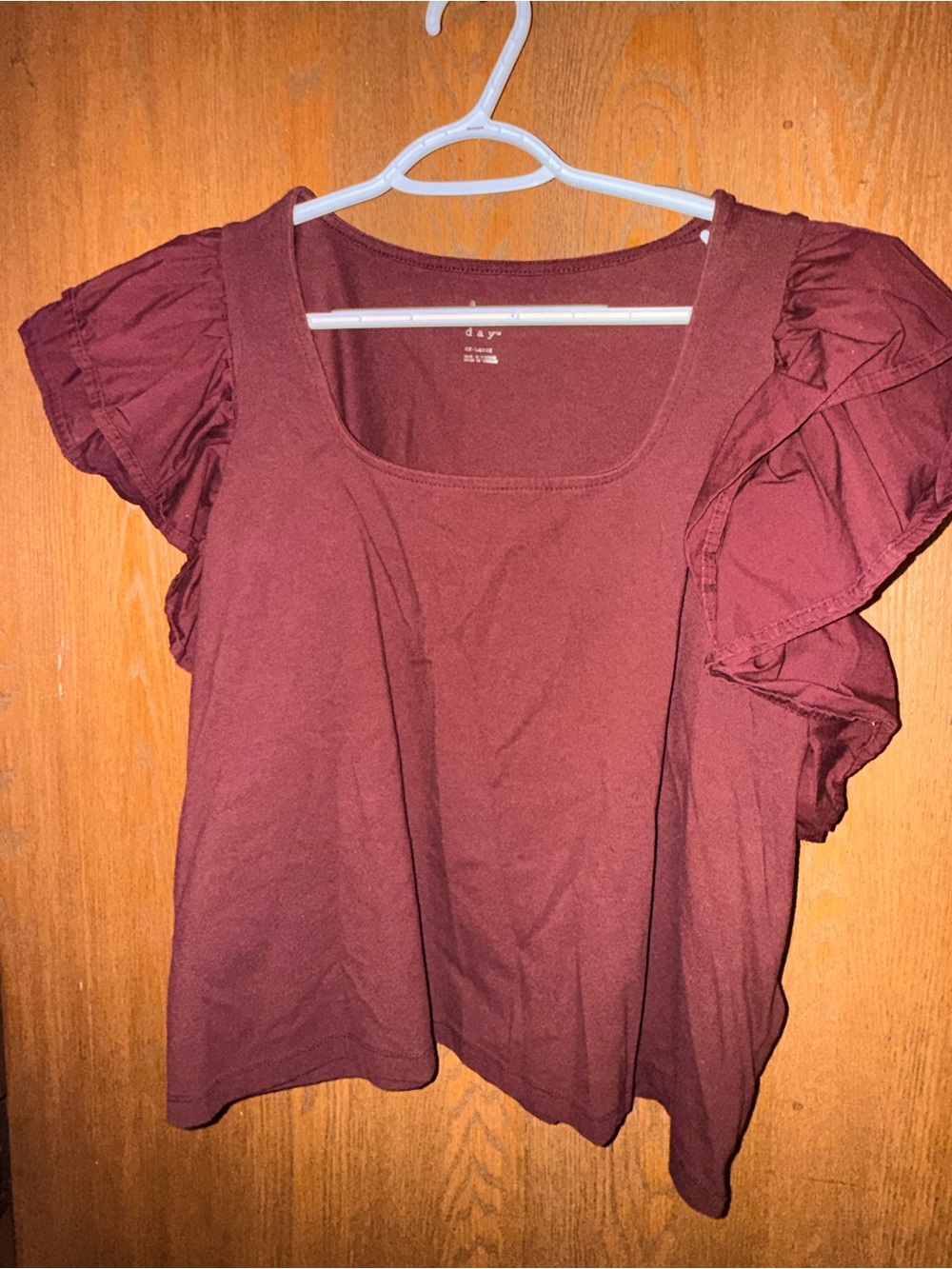 Women's Burgundy Ruffle Sleeve Scoop Neck Blouse